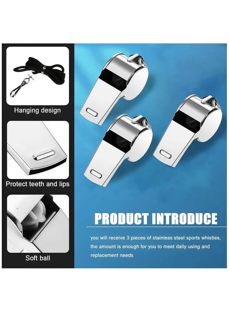 Cuken Silver Stainless Steel Whistle, 3 Sets, Coach, Referee, Outdoor Sports Emergency Strap, Hanging Rope - Image 3